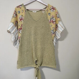 Hummingbird Sz Med Short Sleeves Boho Mix Pattern Tie Waist Top Flutter Sleeves